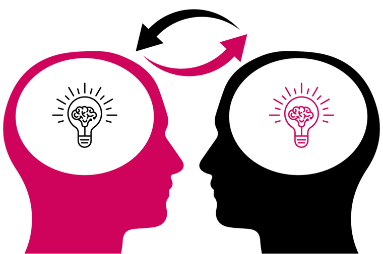 Icon of two heads with lightbulbs inside, arrows flow from both sides