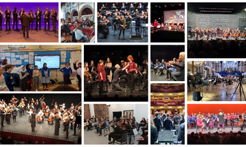 Large collage image of various orchestras and young people
