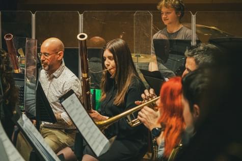 Members of the orchestra rehearse in The Venue at Leeds Conservatoire.