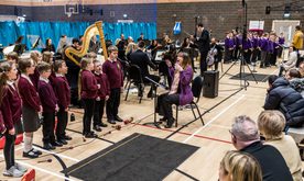An orchestral performance in a school hall