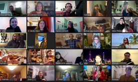 A Zoom screen showing 25 people with different instruments